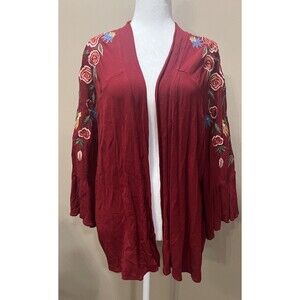 Umgee Red Embroidered Mexican Fiesta Open Front Kimono Cardigan Women’s M/L Boho